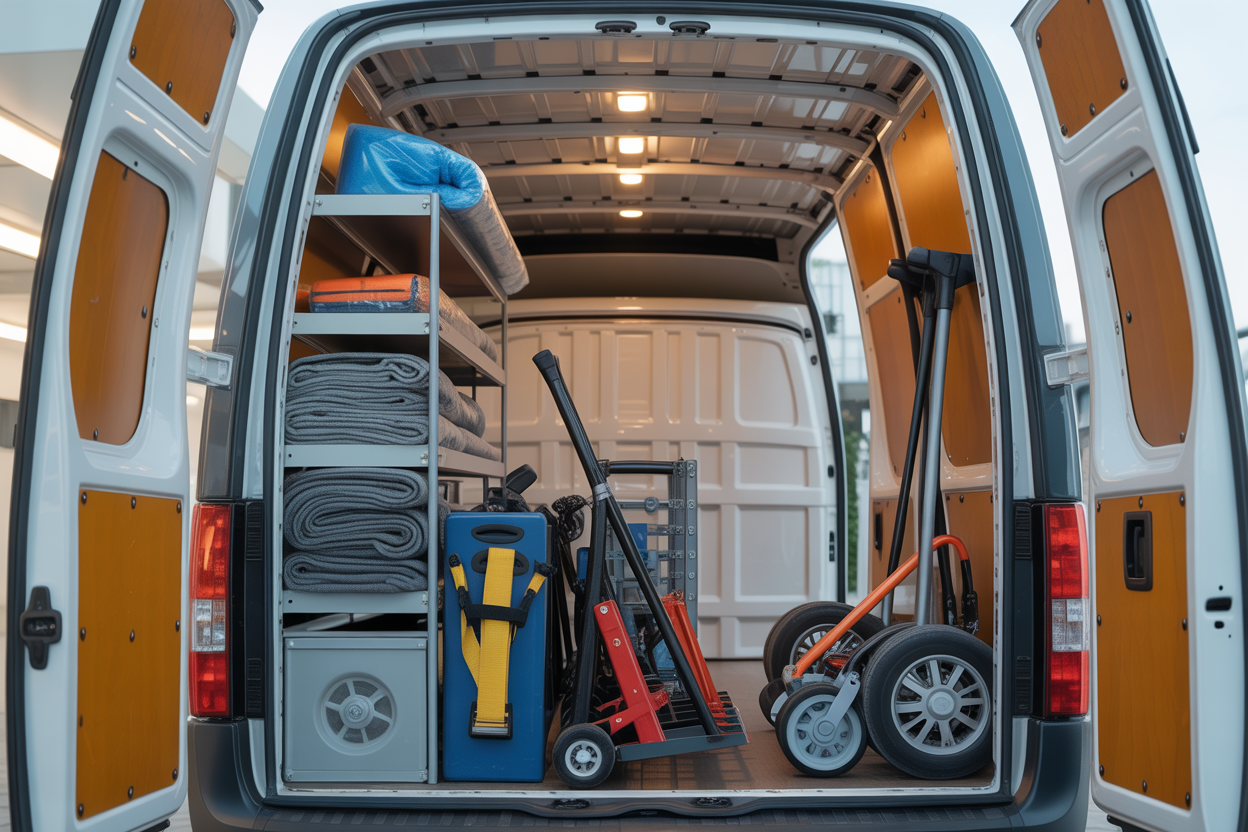 Inside of a well-equipped Friendly Movers van showing blankets and professional tools